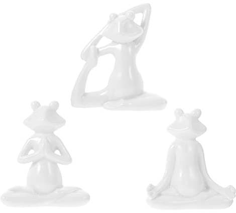 FOMIYES 3-teiliges Yoga-Frosch-Set aus Keramik, Zen-Frosch, meditierend, Yoga, Frieden, Skulptur, Tierfiguren, Maskottchen, Frosch, für Zuhause, Büro, Schreibtisch, Garten, weiß