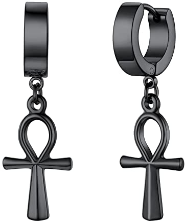 U7 Klappcroelen mit Ankh-Kreuz Anhänger schwarz Edelstahl Kleine Creolen Ohrringe Gotik Biker Punk Rock Huggie Kreolen Modeschmuck Accessoire