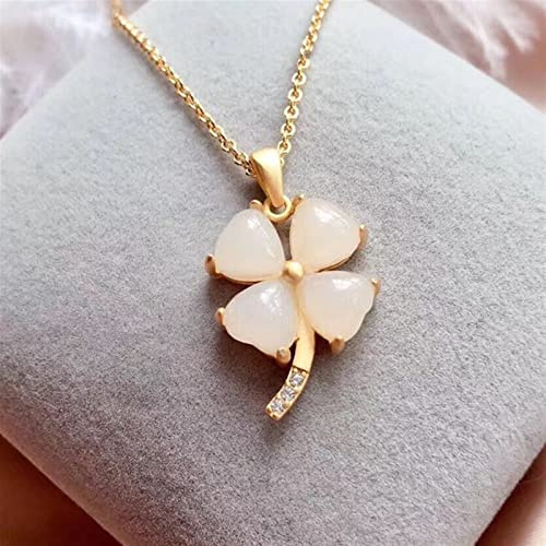 SMDSAZ Naturel Jade Trèfle Collier Pendentif Chinois Retro Palace Style Unique Ancienne Craft Or Femme Bijoux (Gem Color : White)