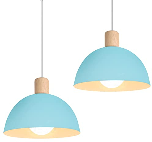 iDEGU 2 Stück Ø20cm Hängelampen Retro E27 LED Hängeleuchte Moderne Skandinavisch Deckenleuchte aus Metall Holz Pendelleuchte für Schlafzimmer Esszimmer Küche Restaurant (Blau, 2 Lampen)