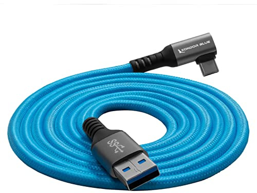 KONDOR BLUE | USB-A to USB-C 3.0 Right Angle High Speed Data and Charging Cable 3A 60W 5G | 10FT Ultra-Durable, & Nylon Braided with Reinforced Metal Connectors | Blue