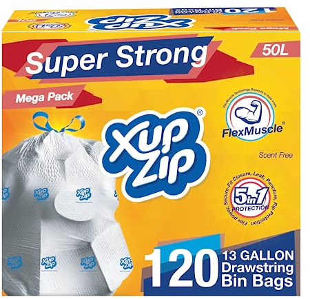 XupZip Drawstring Bin Bags 50L - Heavy Duty Bags - Sturdy Flex Power Trash Bags - Leak-proof Garbage Bags - Easy To Open - Large Bags for Kitchen, Garden, Home Moving (6 ROLLS x 20 (120 BAGS))