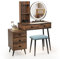 RELAX4LIFE Dressing Table and Stool Set, Vanity Desk Set with 5 Drawers, Storage Shelves, 3-Color LED Lights & Charging Function, Makeup Dresser Desk Bedroom Furniture (Brown, Round Mirror)