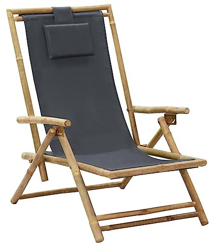 puraday Silla de Relajación Reclinable Bambú&Tela Tumbonas Piscina Silla Reclinable Exterior Tumbonas Jardin Exterior Tumbona Exterior Jardin Tumbona Plegable Jardin Tumbona Reclinable Gris Oscuro