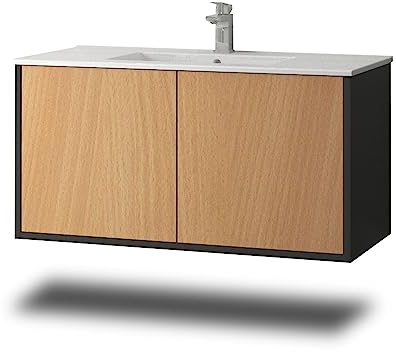 Stil.Zeit Evelou Badmöbel inkl. Waschbecken | Waschtisch mit Unterschrank 100.5 cm | Anthrazit/Dekor Buche| Push-to-Open/hängend