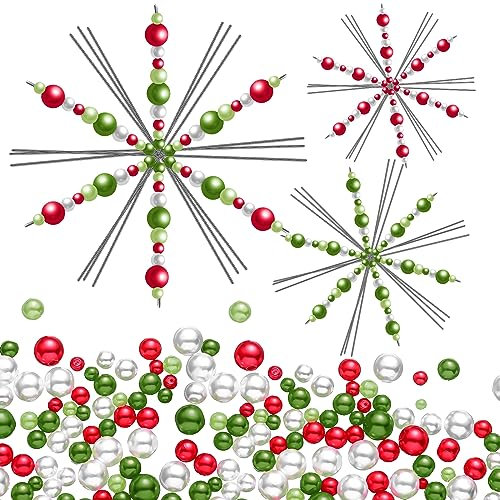 Hotop 24 Stück Metall Schneeflocken Drähte Schneeflocken Form mit 400 Perlen in Unterschiedlichen Farben und Größen Lustig Perlen Projekt 3 Größe Schneeflocken Ornament für DIY (Rot, Grün, Weiß)