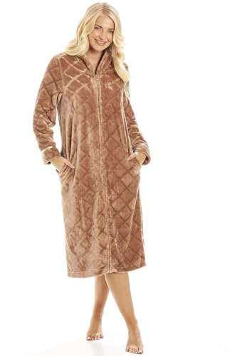 Camille Womens Full Length Fleece Zipped Housecoat | Soft & Fluffy Dressing Gown | Long Sleeves, Zip Close & Pockets | Lightweight, Cosy Luxury | Warm & Comfy Home Loungewear | Brown 22-24