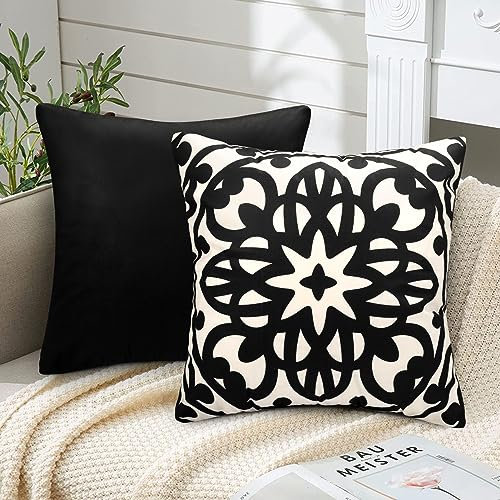 ETOLISHOP 2er Set Kissenbezug 50x50cm Kissenbezüge Schwarz Samt Kissenbezug Soft Cosy Kissen Bezüge Deko Kissenbezüge Moderne Mandala Muster Zierkissenbezug Dekokissen Sofakissen für Sofa Wohnzimmer