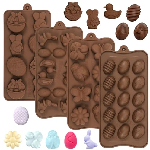 4 Moldes de Chocolate de Silicona de Pascua, Molde Chocolate Huevos de Pascua, Moldes Silicona Reposteria, Pascua Molde de Silicona Conejo, Molde Antiadherente para Chocolate Pastel Gelatina Caramelos