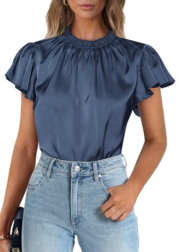 PRETTYGARDEN Women's Satin Tops Business Casual Work Blouses, Grey Blue,M