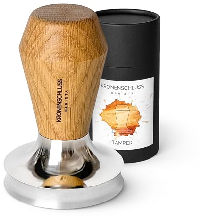 KRONENSCHLUSS Barista - ⌀ 58er | Made in Germany Barista Tamper | konkave Aussparung für perfekten Puck | Eichenholz und Edelstahl | 58,4 mm