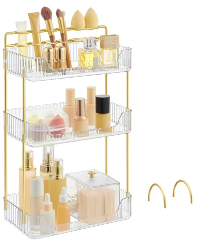SONGMICS Make-up Organizer, 2 Typen von Zubehörteilen, Kosmetik-Organizer 3 Ebenen, rechteckig, anpassbar, Aufbewahrung für Schminktisch, Geschenkidee, transparent JKA013W01