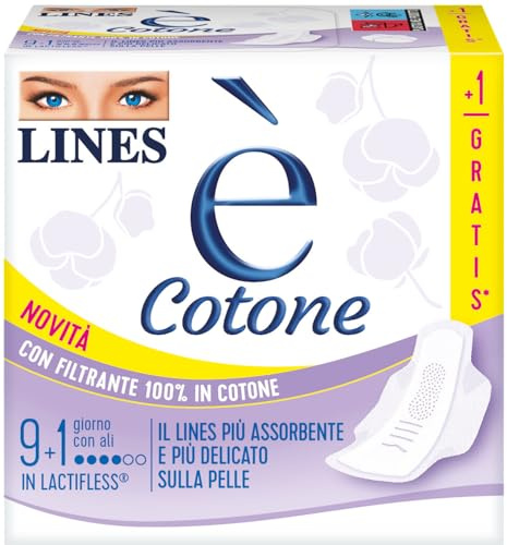 Assorbenti LINES È COTONE GIORNO con ali x10 pezzi per ciclo mestruale | l'unico con struttura in Lactifless, il più assorbente della gamma LINES, con Filtrante in cotone, delicato sulla pelle