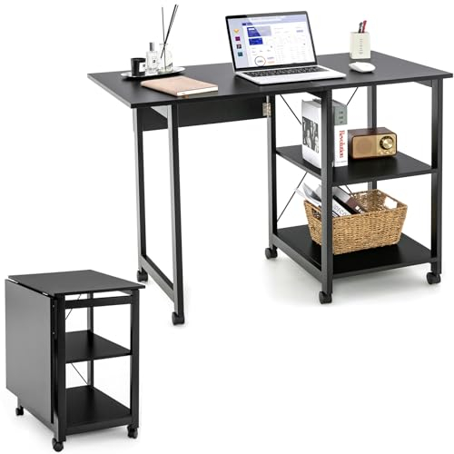 COSTWAY Klappbarer Computertisch, Moderner Schreibtisch mit 2-stufigen Ablagefächern & 6 Rädern, PC Tisch Laptoptisch Arbeitstisch für Zuhause Heimbüro (Schwarz)