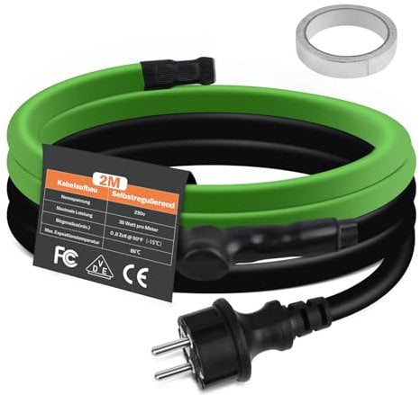 Vrietina Cavo riscaldante autoregolante, 2 m, antigelo con termostato integrato per la protezione dei tubi dell'acqua, ideale per piante, impermeabile con spina di protezione 35 W/m, 230 V, IP68