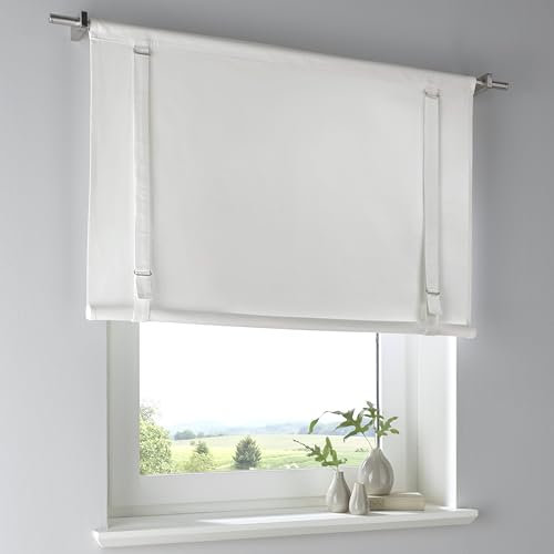 Tim weiße Rollgardine Raffrollo aus 100% Baumwolle, Landhaus-Gardine mit Tunnelzug, Breite 120 cm x Höhe 100 cm