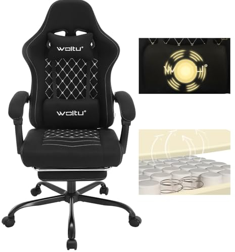 WOLTU Gaming Stuhl mit Massagefunktion, Computerstuhl Ergonomisch, Taschenfederkissen, Lendenmassage, Kopfkissen, Fußstütze, Drehstuhl, 150 kg, Netzstoff, Schwarz+Weiß