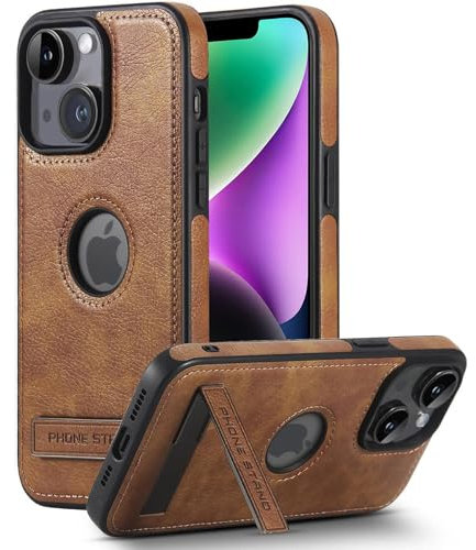AIOVETEAB Cover Compatibile con iPhone 13/ iPhone 14,Cavalletto Metallico,PU Pelle Premium Custodia Slim Sottile Retrò Business Flessibile Antigraffio Case Posteriore Protettiva,Marrone