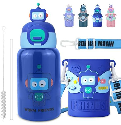 Bouteille d'eau Isotherme pour Enfants Acier Inoxydable 450ml avec Paille pour l'école Réutilisable Métal Sous Vide étanche pour Garder Chaudes et Froides pour Garçons Filles (Bleu)