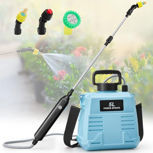 DKIEI 5L Electric Garden Sprayer For Indoor/Outdoor Plant, Rechargeable Battery Powered Water Sprayer With 3 Mist Nozzles/Telescopic Wand/Adjustable Shoulder Strap, Weed Killer Sprayer For Lawn, Blue
