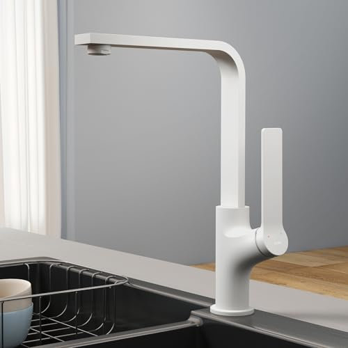 EMKE Grifo de cocina Blanco Mate con diseño ultradelgado, 30x22x10 cm, grifo giratorio 360° para cocina, mezclador de acero inoxidable para cocinas modernas