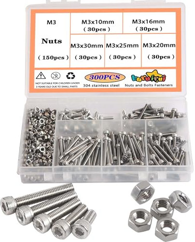 huruirui M3 Tornillos Y Tuercas Tornillos De Cabeza Hueca Hexagonal - Juego De Pernos Y Tuercas De Acero 304 Inoxidable Tornillos M3 300 Piezas Tornillos Acero Inoxidable