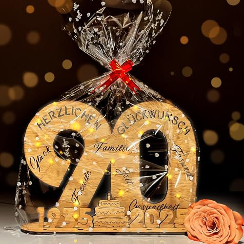 YUNLI Holz-Schild Gästebuch, 90 Geburtstag Frauen & Männer, Geburtstag Jubiläum mit LED Lichterkette und Cellophantüten, 2025 Holzschild Gästebuch Geburtstag, Geburtstagszahlen 90 Jahre Tischdeko