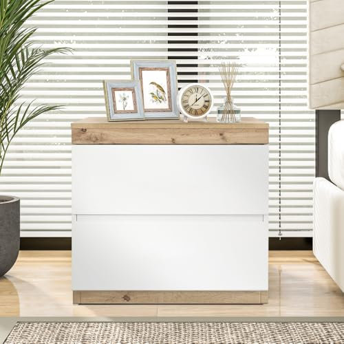 TaiEnjoy Nachttisch – Kompakter Nachtkommode mit 2 Schubladen, E1-Spanplatte, Ideal für Schlafzimmer, Weiß und Eicheoptik, Praktischer Bedside Table mit Stauraum