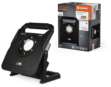 LEDVANCE Arbeitsleuchte mit schwenkbarem Kopf, batteriebetrieben, Power for all Alliance Akku kompatibel, 40 W, 4500 lm, 6500 K, 840 kaltes Tageslicht, 3-stufig dimmbar, schwarzes Aluminium, IP54