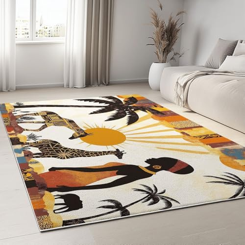 Afrika Stamm Tiere Teppich Wohnzimmer, 60 x 110 cm Teppich Schlafzimmer Orange Farbe Teppiche Waschbar Weich Anti-Rutsch Teppiche Kurzflor für Kinderzimmer Esszimmer Büro Dekoration