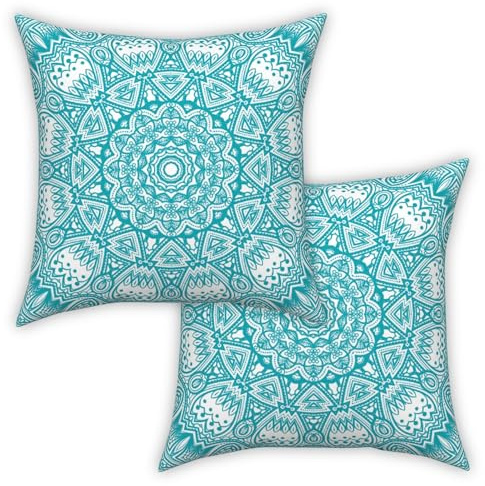 ggaimwf Marokkanische Kissenbezüge Türkis 50x50cm Boho Kissen Ethno Mandala Indischer Stil Abstrakt Arabeske Meditation Hippie Modern Kissenhülle werfen für Sofa Wohnzimmer Kissenbezug 2er-Set