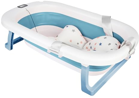 Baignoire pour bébé, avec thermomètre, pliable, coussin de bain, portable, pour nourrissons et tout-petits de 0 à 24 mois, bleue, 80 x 50 x 23 cm