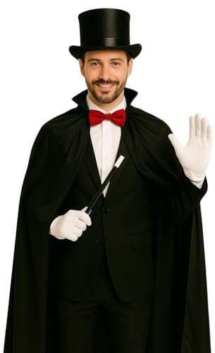 labreeze Costume de magicien professionnel - Cape noire en satin, chapeau haut de forme classique, gants blancs, nœud papillon rouge et baguette magique - Tenue unisexe de scène et d'Halloween