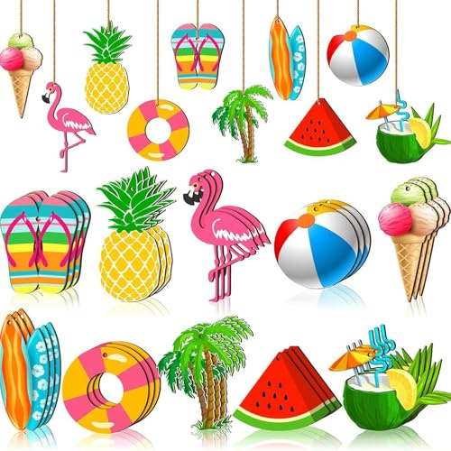 Barlone 30 Stück Holz Sommerdeko zum Aufhängen Hawaii, Beach Deko Sommerparty, 10 Stile Hängedeko Mediterran mit Seil, Perfekt für Sommerliche Hawaii-Tropenpartys