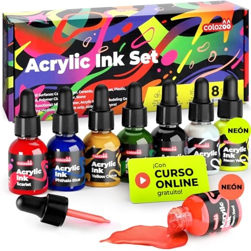 colozoo Acrylic Ink Set, 8x20ml permanent wasserfest Primär & Neonfarben | Flüssige Acryltinte 8x20 ml, 6 Grundfarben und 2 Neon, für Airbrush, Pouring und Kalligrafie, wasserfest