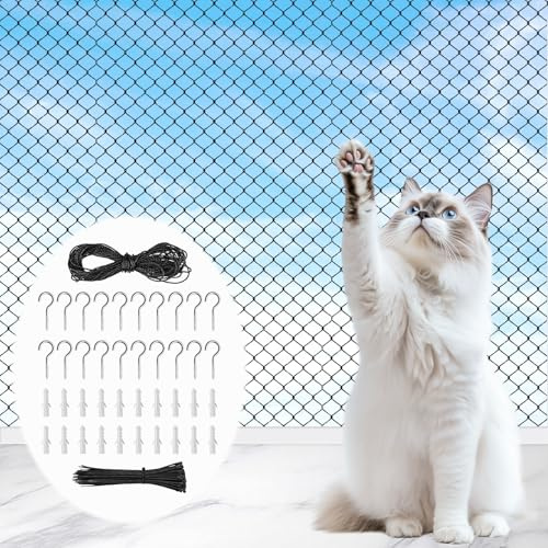 Aurobest 4 x 3m Balcony Cat Net with 15m Fixing Rope, Cat Anti-Fall Safety Net Set, Steel Wire Reinforced Pets Netting, Cats Protection Netting for Balconies, Windows, Patios, Fences, Terrace (Black)
