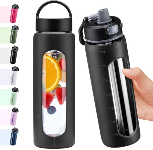 BLUEGO 700ml Glass Water Bottle with 2 Lids-One-touch Lock Lid and Handle Lid Reusable Drinking Bottle with Time Marking for Travel Home Gym Sports BPA Free, Black