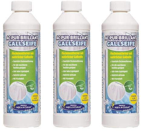 AQUA CLEAN PUR Brillant Gallseife 3 x 500 ml – Fleckenentferner | Gallseife gegen Blut, Fett, Öl, Kaffee, Rotwein, Gras und Tinte – zur gezielten Vorbehandlung waschbarer Textilien.