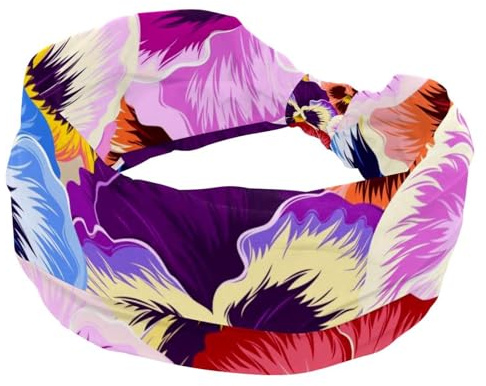 Headbands for Women, Varicolored Pansies Flower Wide Headband, Twist Knotted Yoga Workout Hairband, Soft Elastic Headwrap, Fashion Hair Accessories