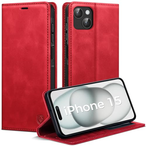 AIMOYU Handyhülle für iPhone 15 Hülle, Premium PU Leder Klapphülle Schutzhülle, Tasche Magnet Kartenfach Standfunktion Flip Case Hülle für iPhone 15, Rot