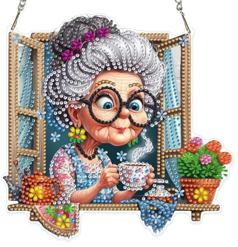 NAIMOER Großmutter am Fenster Diamond Painting Fensterbilder Beidseitige, Diamond Painting Anhänger mit Kette, Diamant Malerei Bilder Kristall Fensterbilder für Geschenk Wand Dekoration