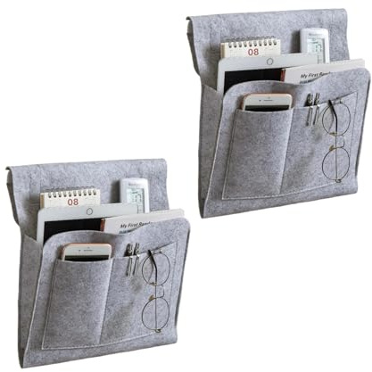 Mlysnd 2pcs Klettband Bett Organizer zum Einhängen, Betttasche Filz Nachttisch Aufbewahrungstasche 34 x 21cm,(Klettband Hellgrau)