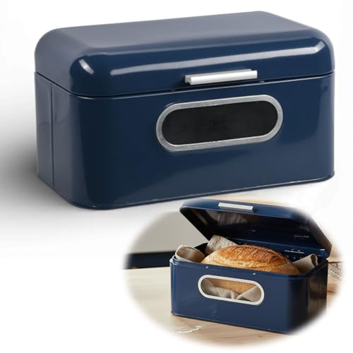 LS-LebenStil Vintage Brotkasten Blau 30x18x15cm Metall Retro Brotbox mit Deckel Griff Sichtfenster Aufbewahrungskorb Aufbewahrungsbox Nostalgie Brotkorb zum Frischhalten