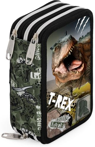3-Fach Federmäppchen Jungen Gefüllt 6-12 Jahre – Julian Ross Schulmäppchen Set 46 Teile mit Radierbaren Stiften, Filzstiften, Buntstiften – Jungle Rex Dinosaurier Design