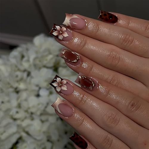 Bryxora Lot de 24 faux ongles pressés carrés courts, faux ongles french carrés à motif de fleurs rouges sur fond nude, ensemble complet d'ongles
