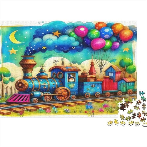 Bunter Dampfzug 1000 Teile Puzzle Papier für Erwachsene Traumhafte Nacht Dorf Puzzle für Familie Entspannung Dekoration 70x50cm/1000pcs