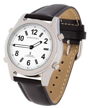 Marschall Deutsch sprechende Damen Armbanduhr I 1138L I Funkarmbanduhr I Für Blinde, Senioren und Sehbehinderte I Datum- und Zeitansage I Extra große Zeiger Graues Lederarmband