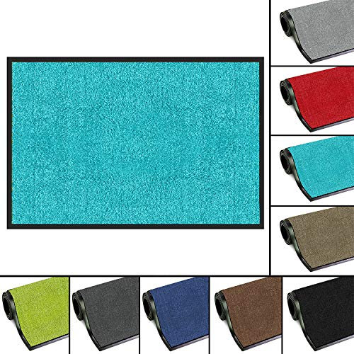 FB FunkyBuys Washable Dirt Trapper Door Mats Indoor & Outdoor, Heavy Duty Non Slip Doormats, Rubber Backed Floor Mat, Super Absorbent Front Door Mat, Entrance Rug (Teal Blue-Plain, 60cm x 80cm)
