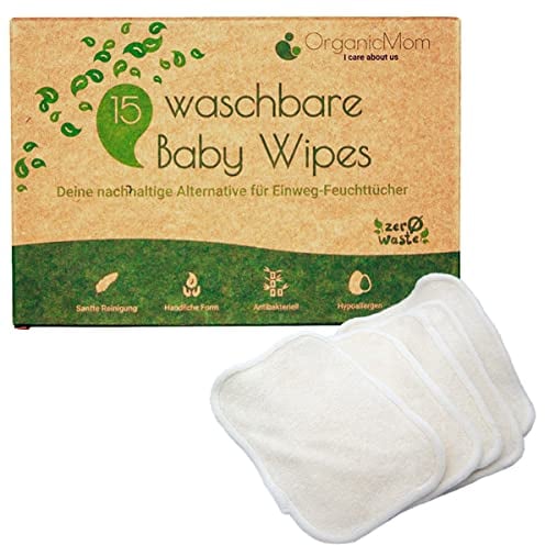 OrganicMom® 15 Waschbare Baby Pflegetücher aus Bambus, inkl. Wäschenetz, kuschelweich, nachhaltige waschbare Feuchttücher, Ersatz für Einweg-Feuchttücher, Baby Waschlappen Bambus, Reinigungstücher