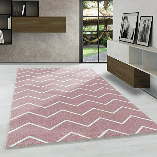 Carpetsale24 Designer Teppich Modern, Kurzflor Zick-Zack Design, Rechteckig, Rosa und Weiß, Pflegeleicht, Wohnzimmer Teppich, Größe:140 x 200 cm